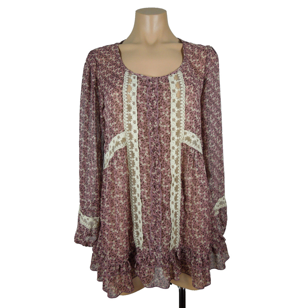 LILY WHITE Floral Tunic Top S SMALL Lace Insets Front & Sleeves